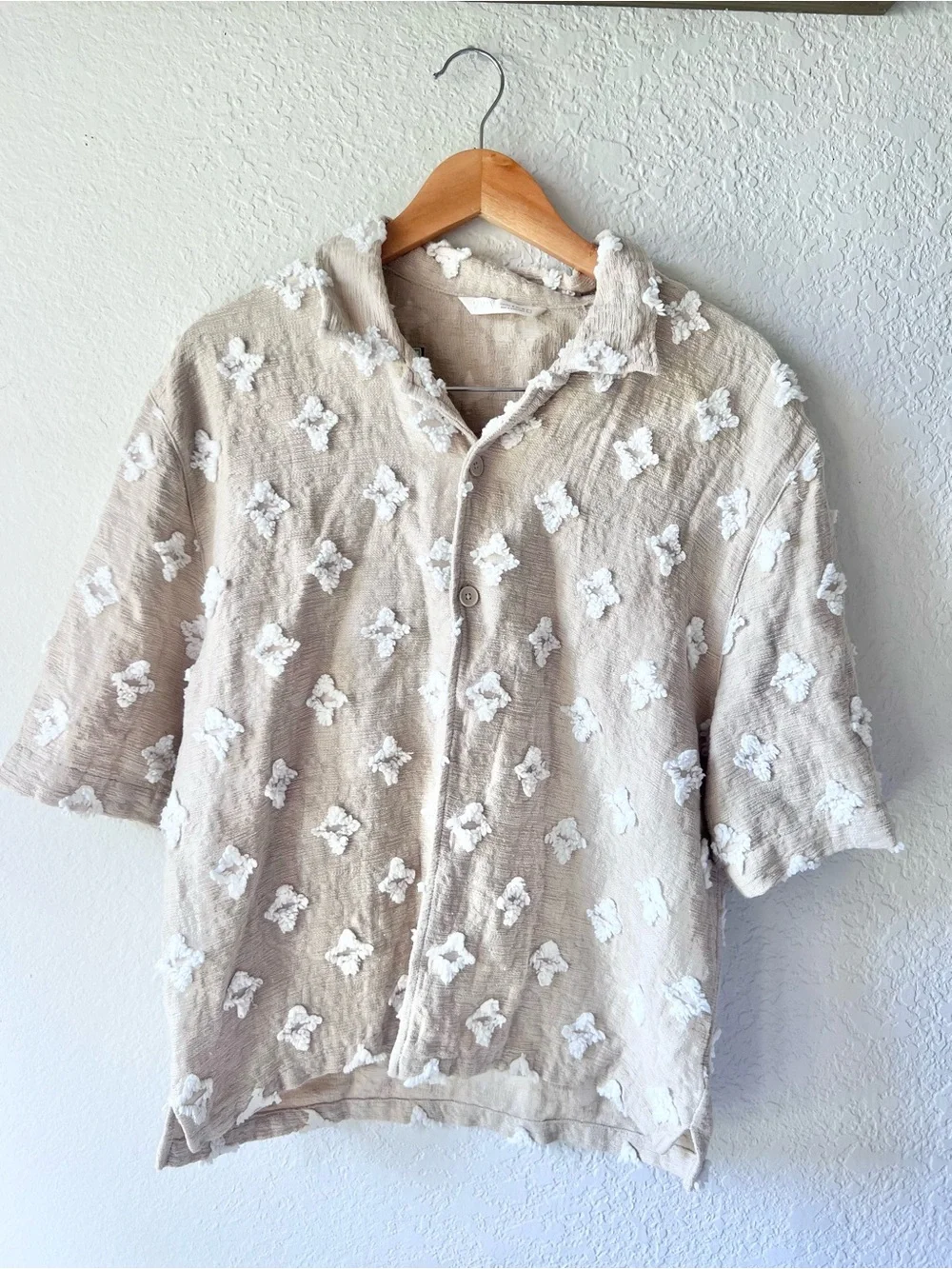 Zara Tan Textured Jacquard Button Down Shirt Sz M - Picture 2 of 6